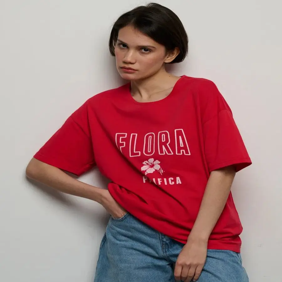 100% pur coton confortable été rouge T-shirts Chic Design flore Unique imprimé Simple ample élégant hauts rue mode dame