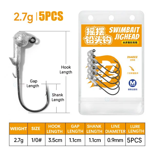 5 Stück Jigkopfhaken 0,9g 1,3g 1,8g 2,7g Midosto Serie Wobble Mustad Haken Bleijigs für Weichköder für Barsch- und Forellenangeln