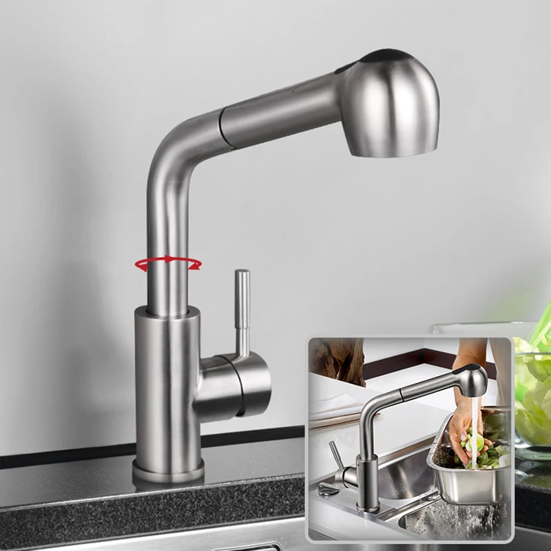 

304 Stainless Steel Pull-out Kitchen Faucet Hot and Cold Mixed Water Washbasin Faucet Nickel Rotary Kitchen Sink Tap