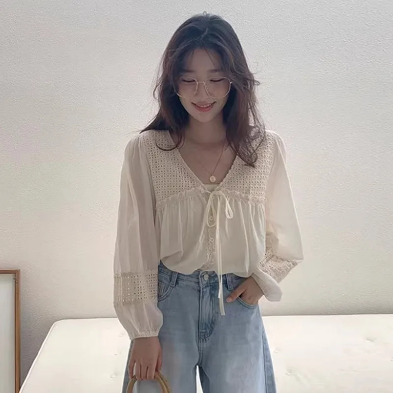 Sweet Chic V-Ne Scava fuori Lace Trim Bubble Sve irt Top da donna Primavera New Sle Loose Fit Lungo Sve Fibra di poliestere