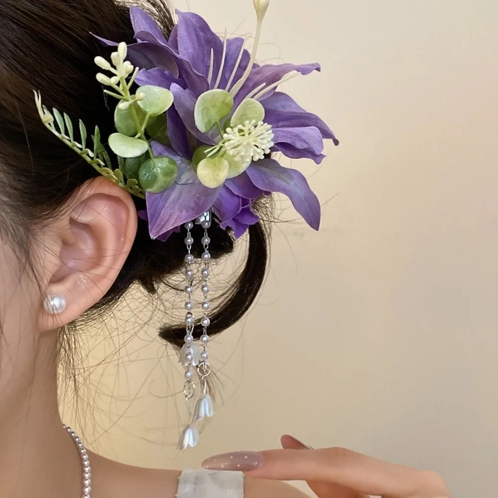 

Elegant Pearl Flower Hairpin Tassel Ancient Style Hanfu Hair Accessories Side Clip Colorful Chinese Style Hair Clip Cheongsam