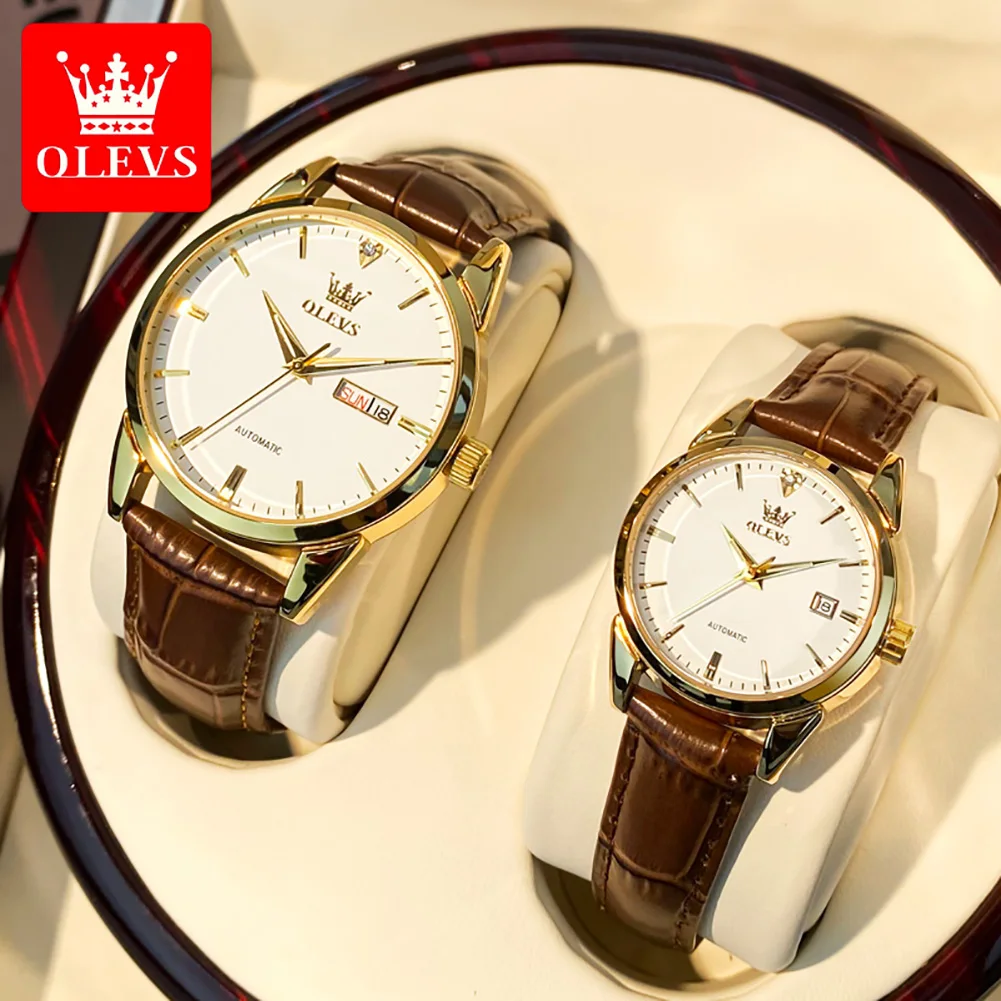 OLEVS 6629 Original Automatic Mechanical Watch For Men Women Waterproof Leather Couple Watches Simple Dial Top Brand Hand Clock