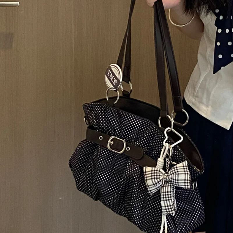 

Ретро-сумка-тоут в горошек с плиссировкой, высококачественная корейская сумка через плечо с пряжкой, на молнии, из искусственной кожи, большая вместимость, универсальная сумка-кроссбоди