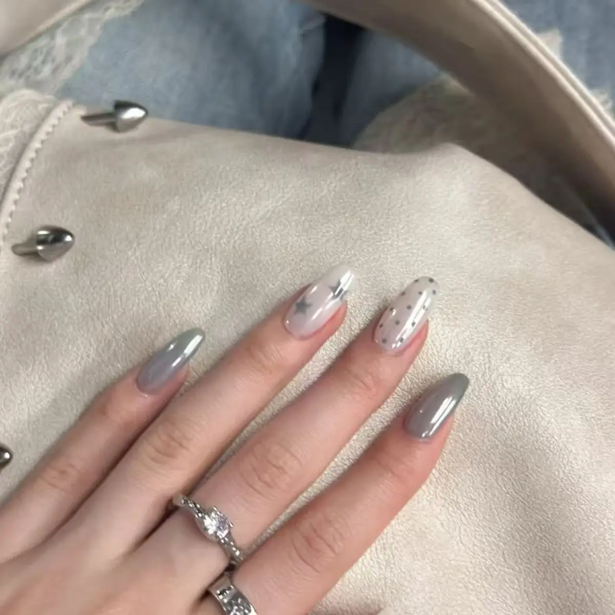 

10pcs New Handmade Medium Oval Press On Nails Simple Pink Polka Dot Star Design Fake Nails Wearable Nails Art Tips For Girls