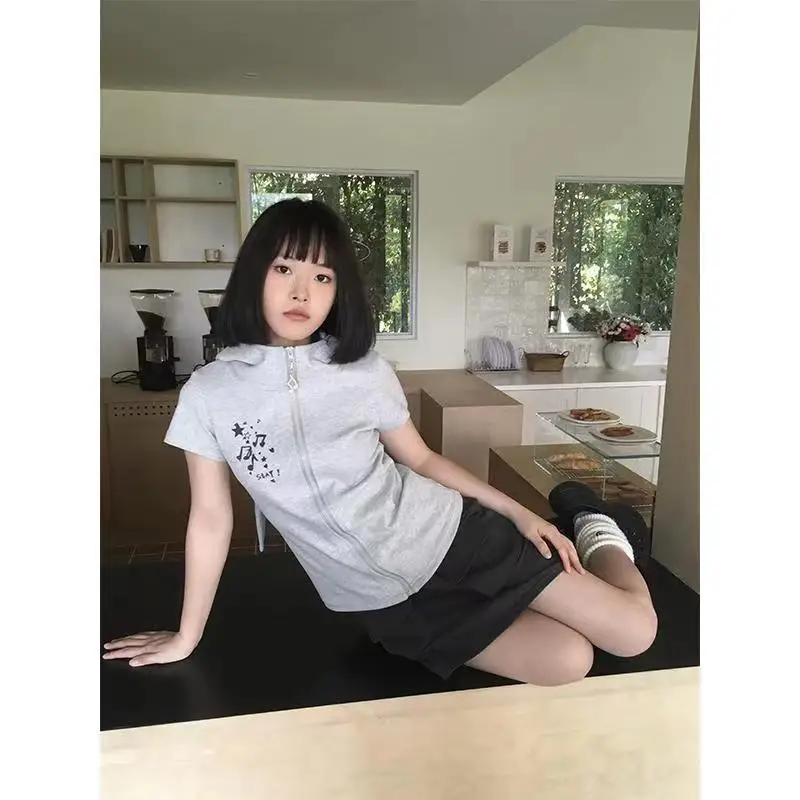 Topenomi-Sudadera con capucha con Orejas de conejo para mujer, estilo japonés Y2k, Tops elegantes ajustados de manga corta con cremallera, sudadera de calle dulce de verano 2025