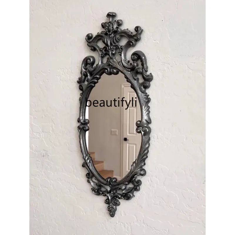 

Retro light luxury decorative mirror carved wall hanging living room entrance European oval black bathroom makeup mirror