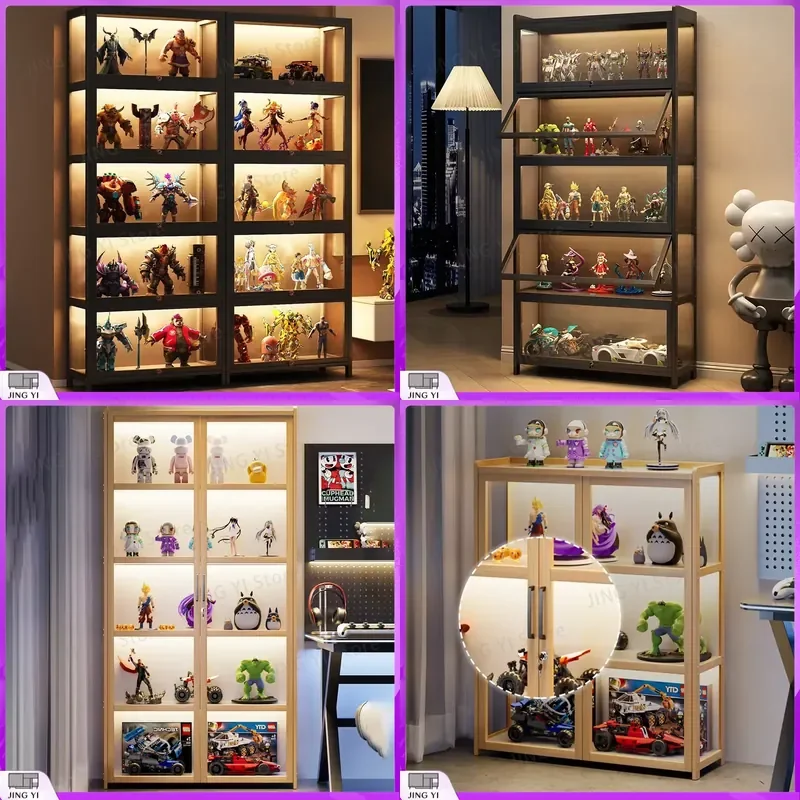 Acrylic Display Cabinet with Lock Glass Curio Cabinet Bamboo Frame LED Lights Easy Install for Collectibles Toys Models