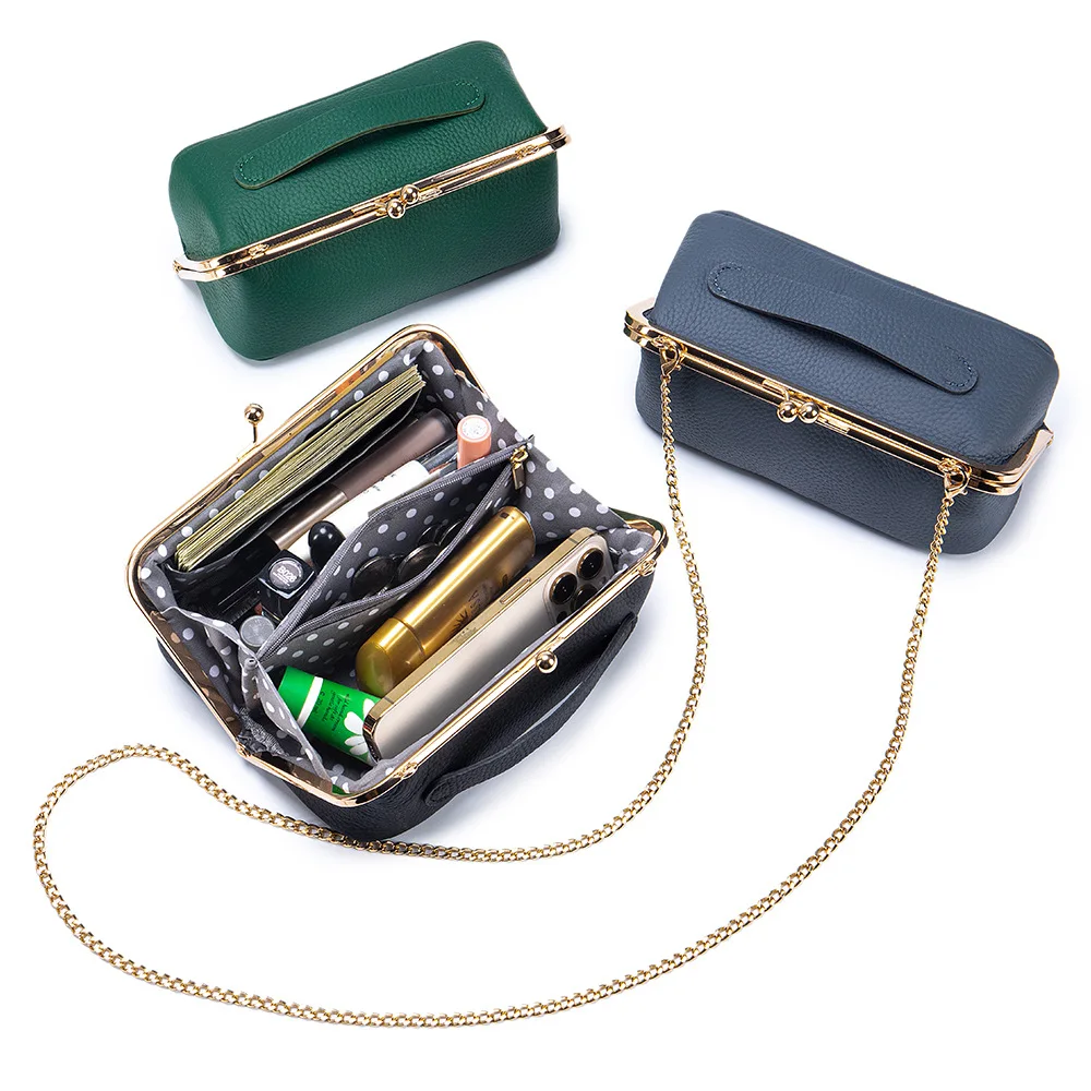 Women's Kiss-Lock Closure Crossbody Bag Metal Chain Makeup Bags Leather Portable Travel Storage Bag for Daily Small Essentials