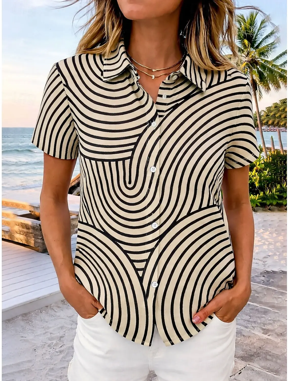 

2026 Summer Women's Hawaiian stripe Pattern Shirt Lapel Collar Short Sleeve Casual Button Up Shirts for Vacation Outfits Tops