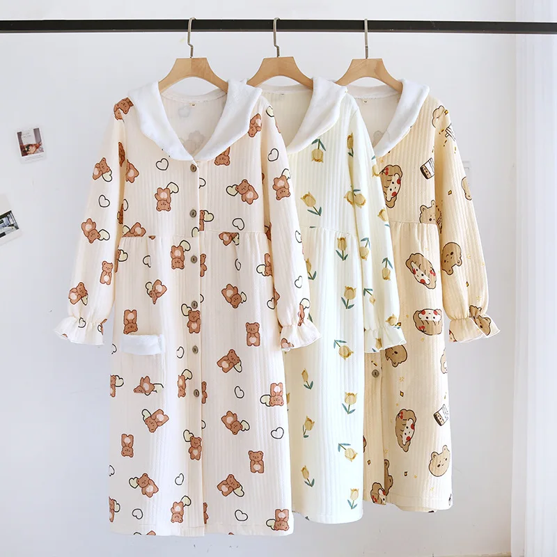 

Air Layer Padded Fur Collar nightgown Ladies Autumn Winter 100% Cotton bathrobe Thickened thermal pajamas Sleepwear
