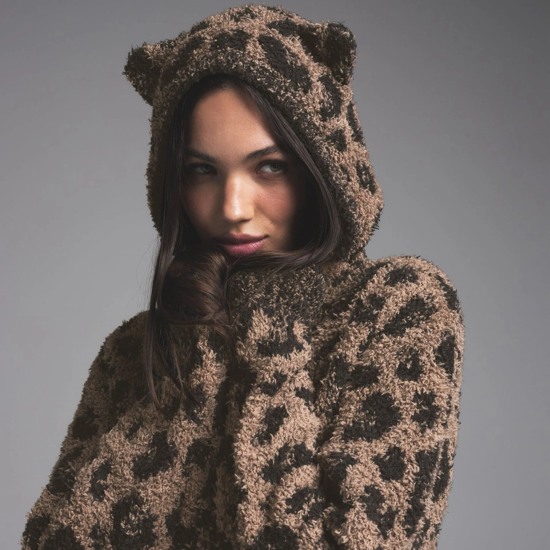 Firmranch Christmas Leopard Print Bathrobe for Women with Cat Ears Hoodie, Sexy Furry Short Jacket, Zip Up Cardigan Sweatshirt