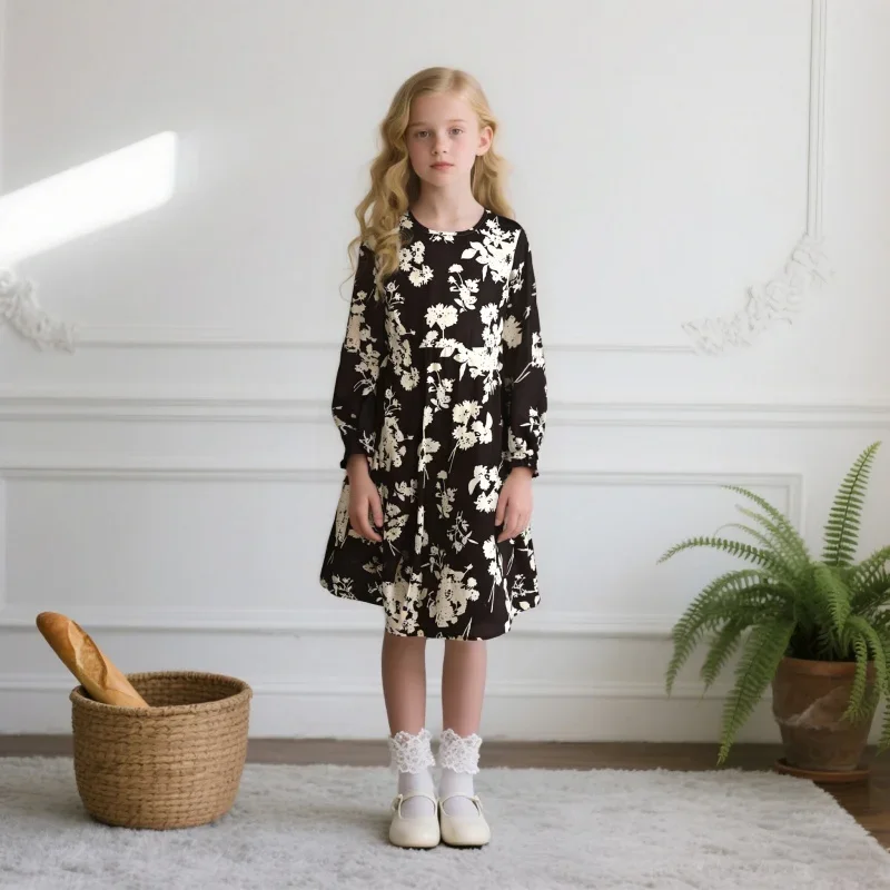 

2026 Girls Vintage Long Sleeve Floral Print Dress Black White Casual Elegant Daily Party Outfit for Kids