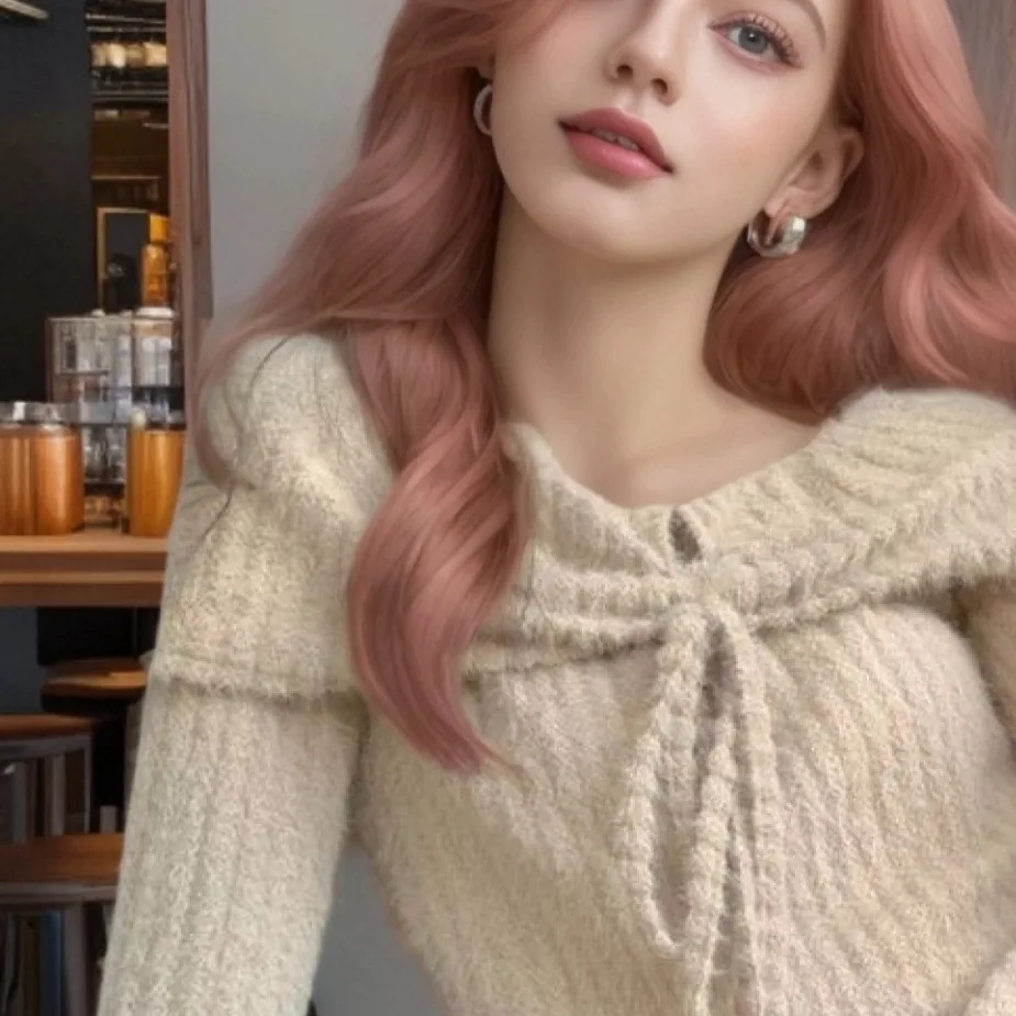 

Pure Desire Sle Long Sve oulder Bared Ne Hanging Design, сексуальный свитер, Новое поступление 2025, женский вязаный топ