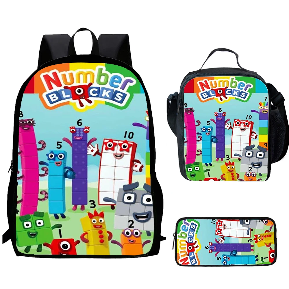 Mochila escolar para niños con bloques de construcción de números N, con refrigerador térmico, fiambrera, bolsas de lápices, mochilas escolares para niños y niñas, el mejor regalo
