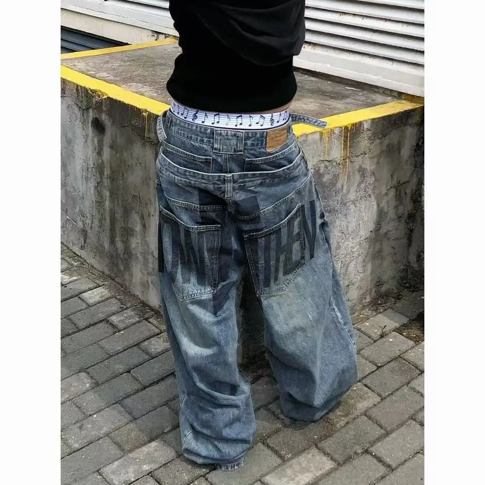 

American Oversize Retro Double Waist Letter Print Jeans Women Y2k Retro Personality High Street Hot Girls Wide Leg Pants