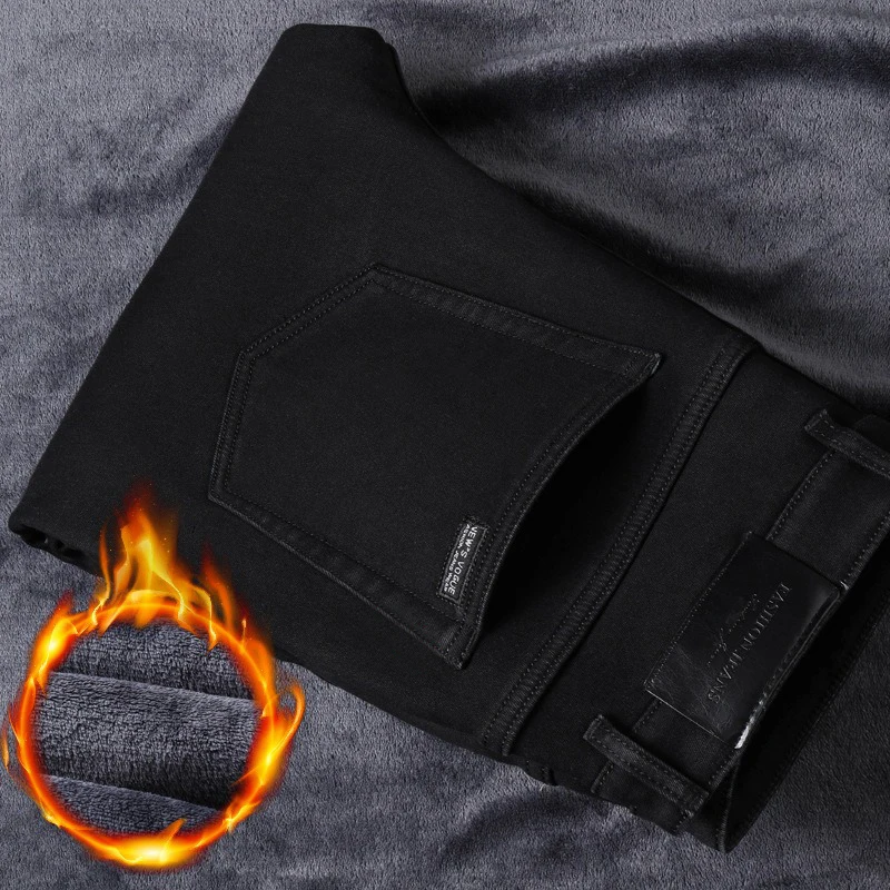 Winter Warme Herren Jeans Verdickte Samt Gefüttert Gerade Bein Lange Hosen Schwarz Koreanischen Stil Mode Business Casual Denim Hosen