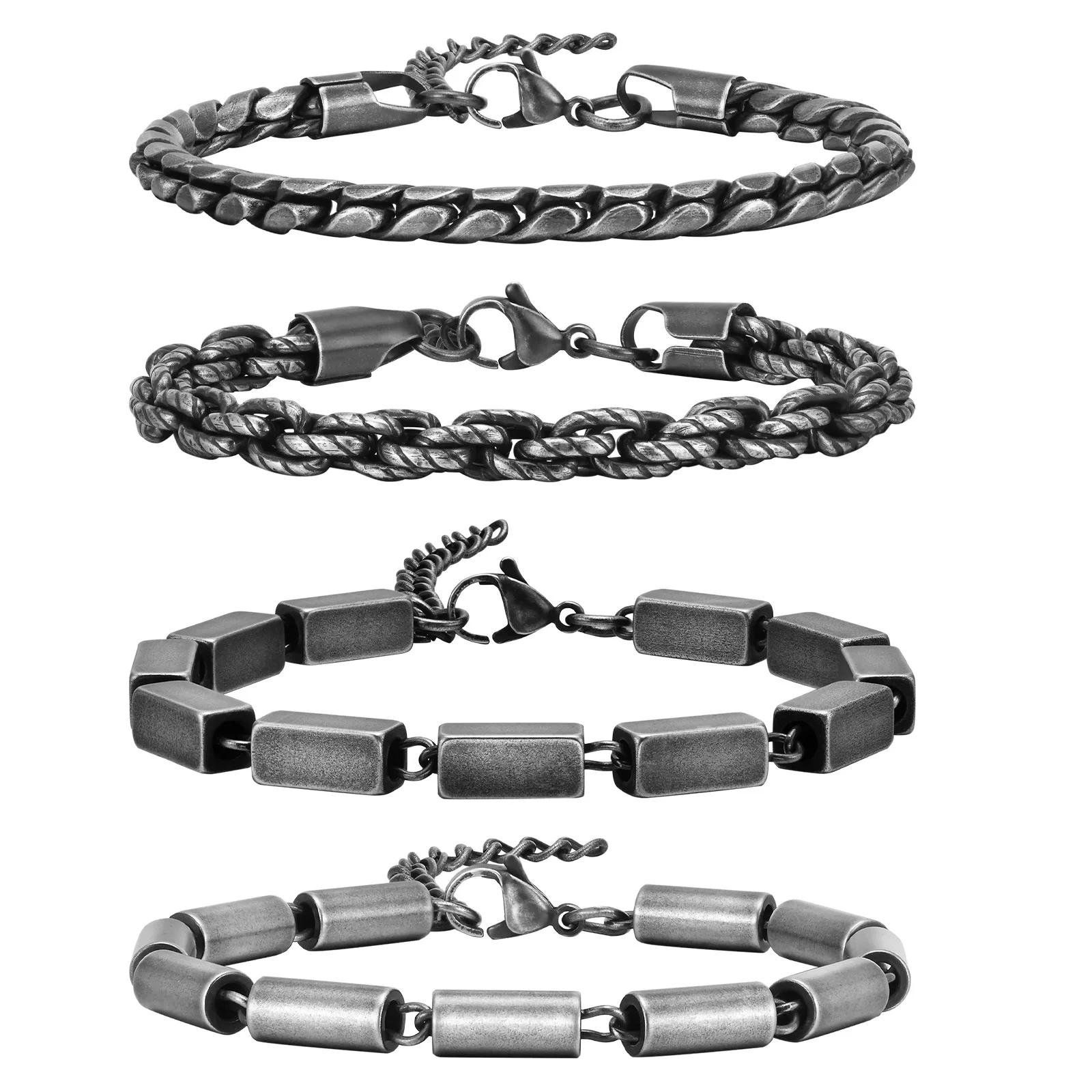 Vintage Stainless Steel Chain Bracelet for Men Punk Suqare Column Beads Bracelet