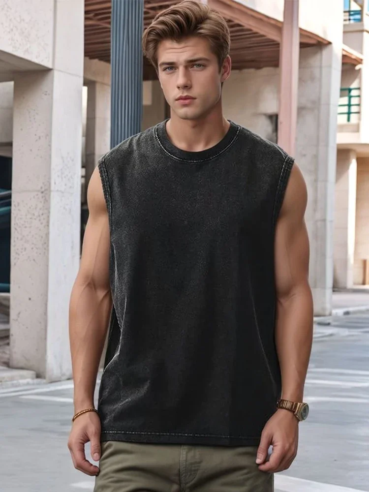 

2025 Summer Men's Washed Cotton Tank Tops Muscle Gym Sleeveless Workout T Shirts Running Beach Loose Cutoff Tees