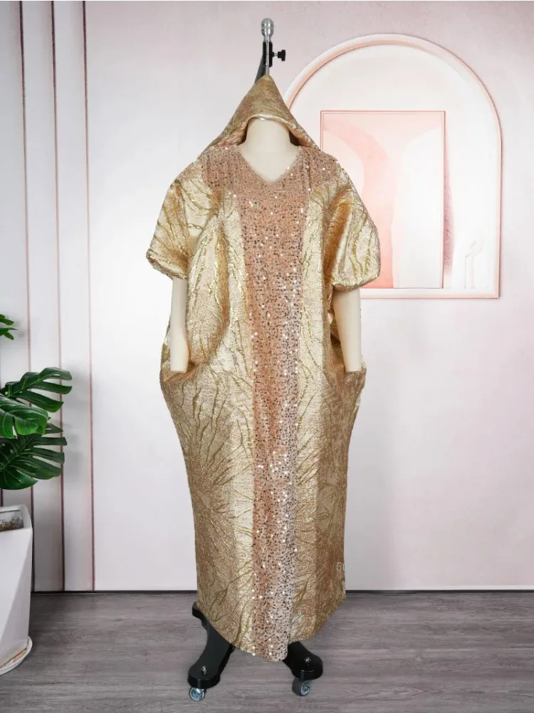 Elegante champanhe lantejoulas vestido africano para mulheres manga curta plus size muçulmano robe para festa à noite casamento nova chegada