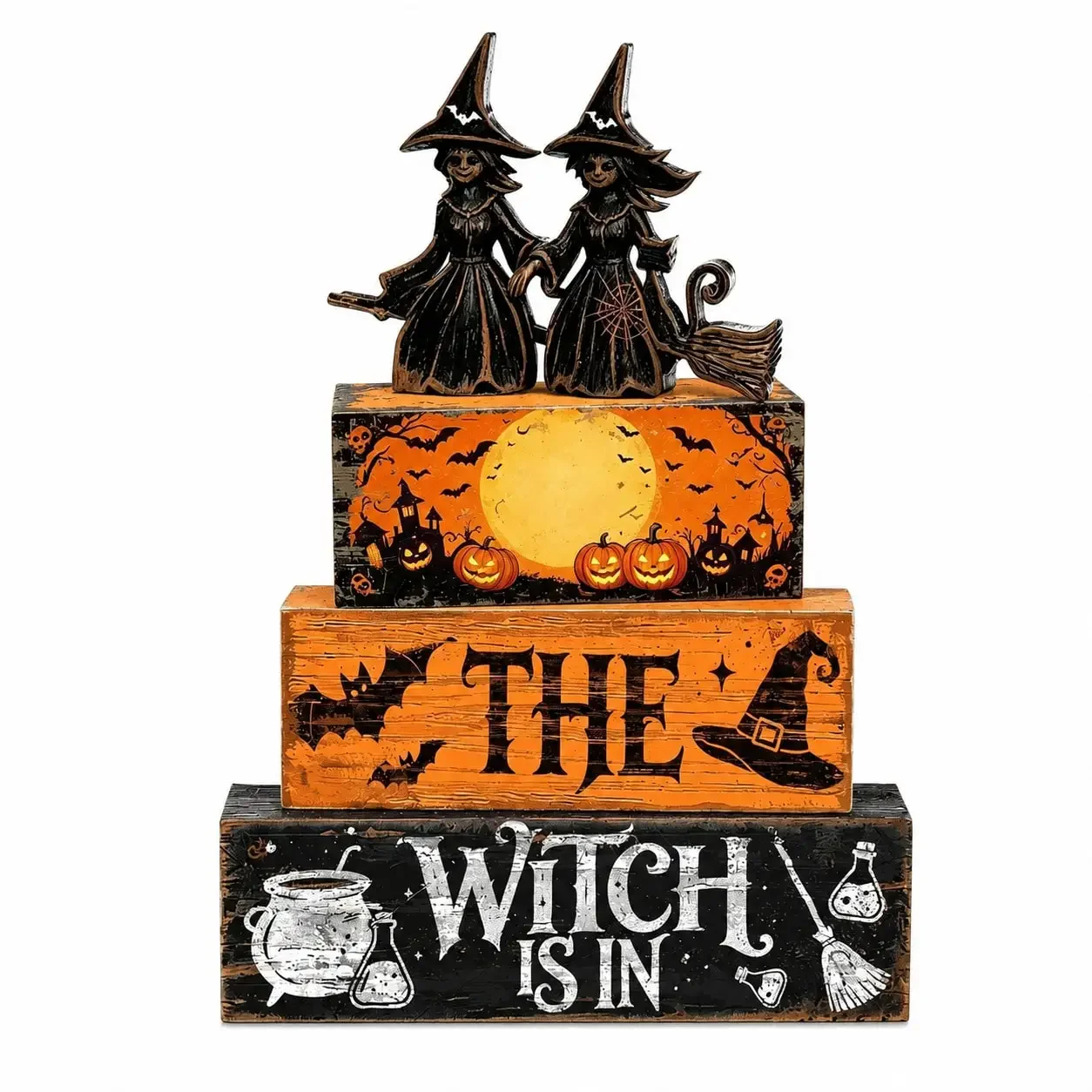 CMZLUMINEST 4pcs Halloween Table Decorations, Witch Magic Hat Wooden Label, Halloween Wooden Layered Tray Decoration, Halloween Table Center Decor, Party Table Center Decor, Suitable For Offices, Kitchen Shelves, Entrance Halls, Bedrooms, Coffee Bars