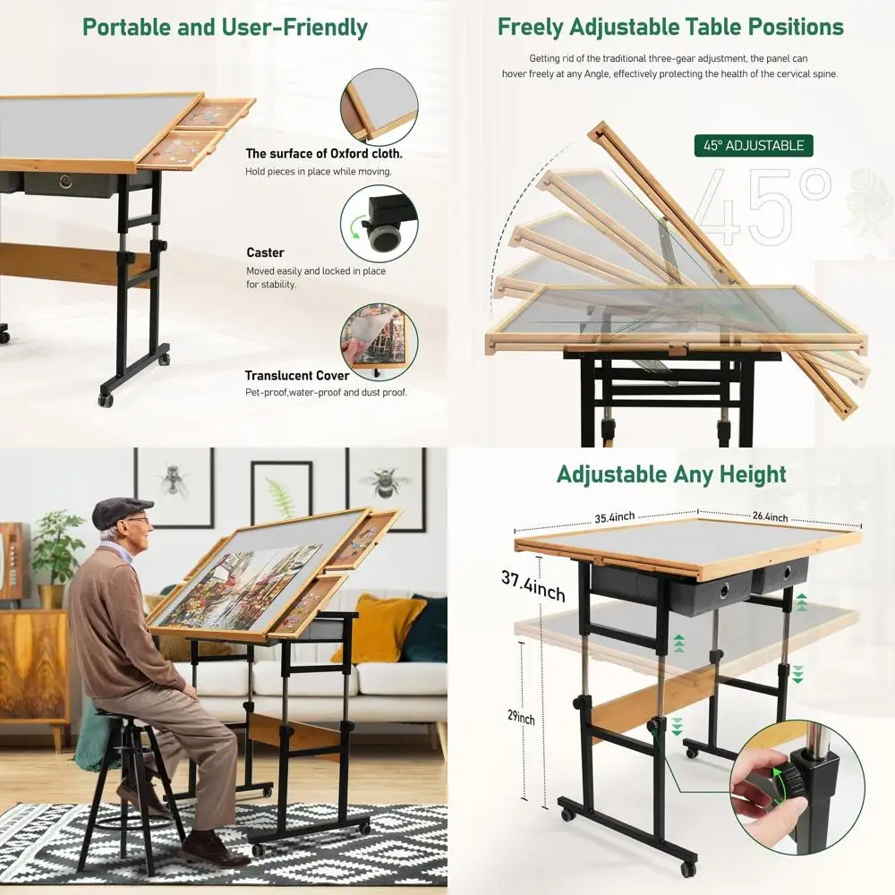 

Adjustable 1500-Piece Jigsaw Puzzle Board for Adults, 35.4x26.4 with 4+2 Drawers, Protective Cover, and 45° Tilt for Various Act