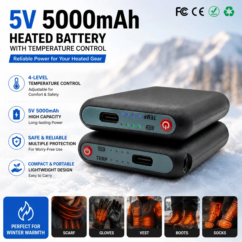 Winter Heated Socks Batteries 5V 5000mAh Lithium Polymer Batteries for Heated Gloves Vest,  Winter Antifreeze Saver Heat Battery