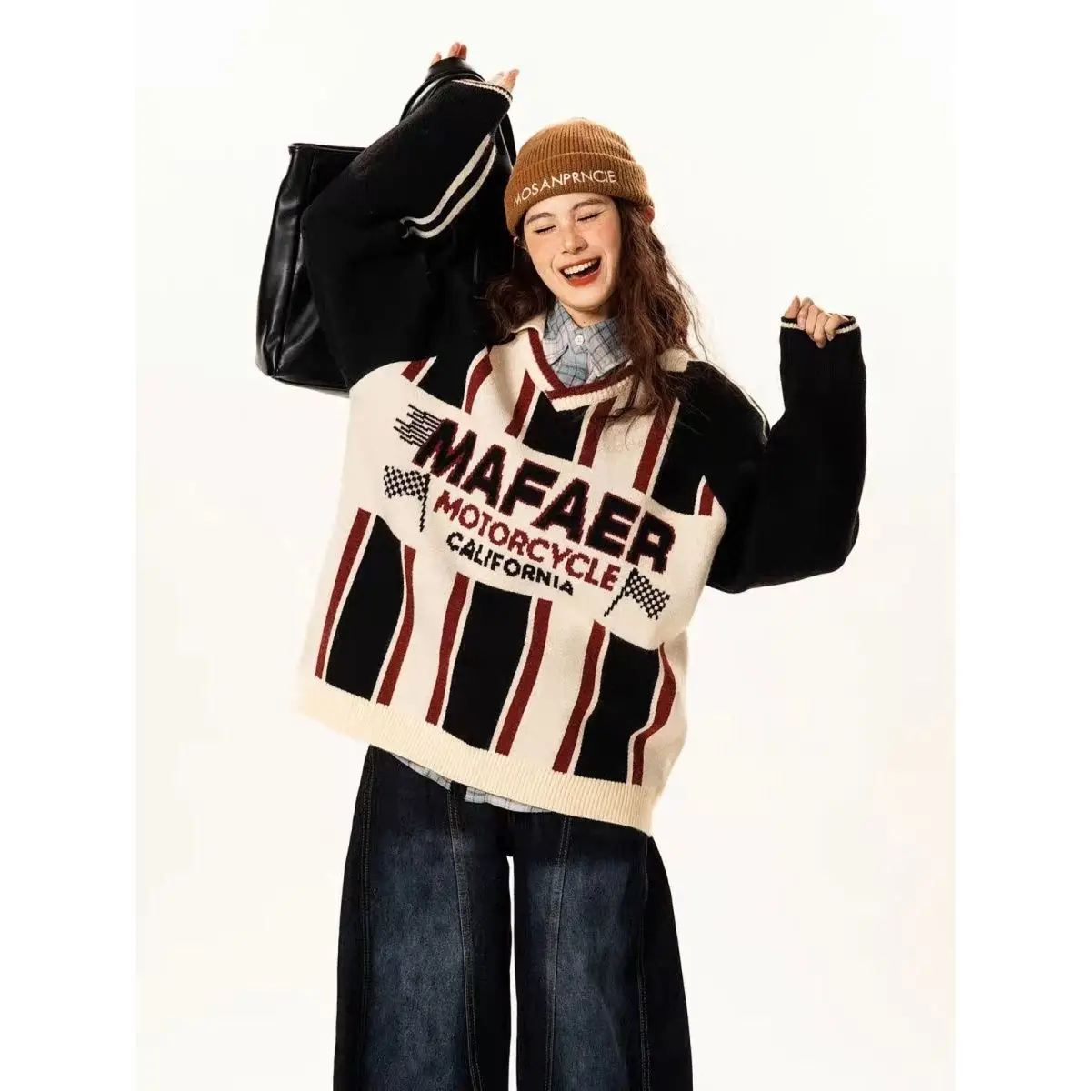 

Women's American Vintage V-Neck Lapel Collar Pullover Color Block Letter Jacquard Sweater Fall Winter Oversized Lazy Knit Top