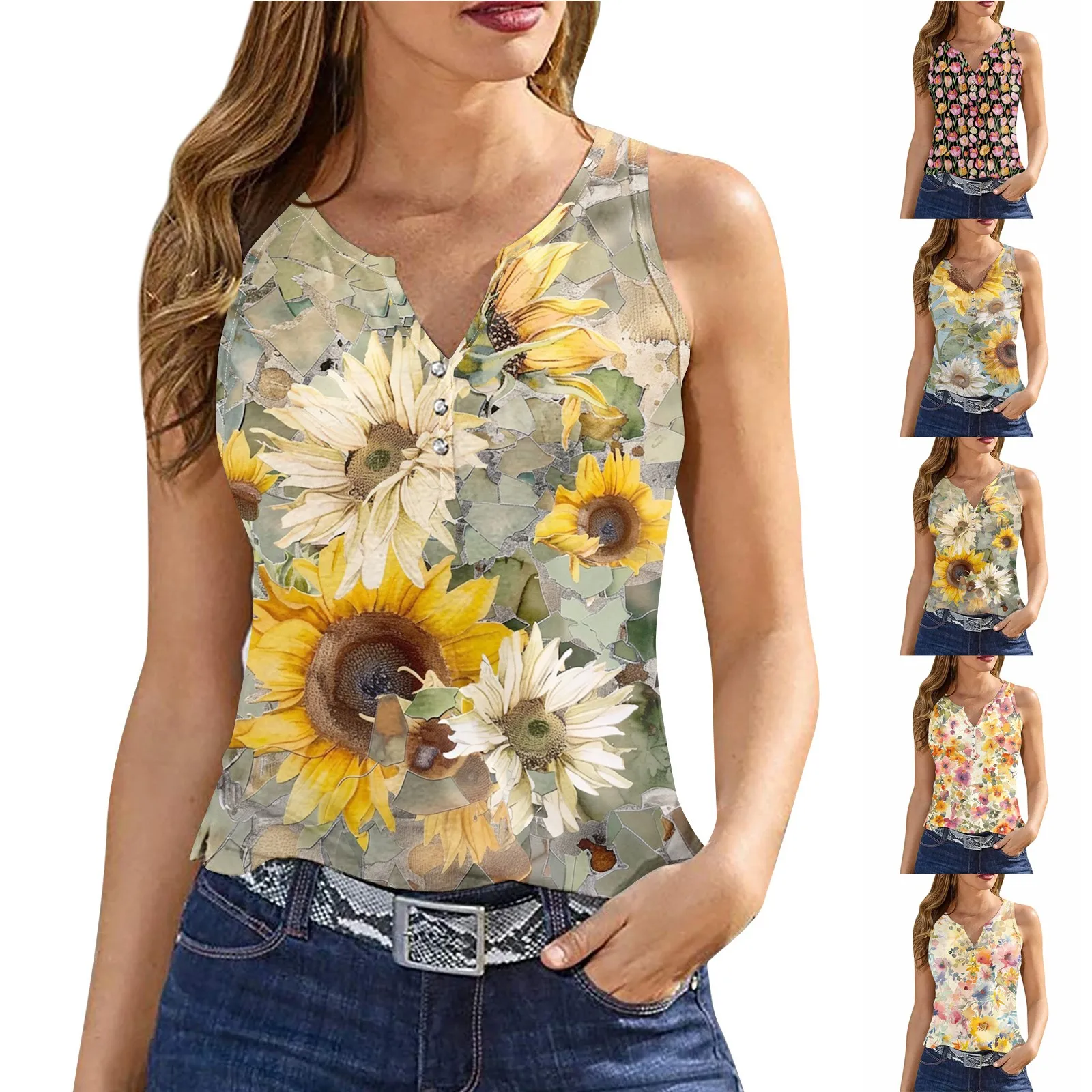 เสื้อกล้ามลำลองมีกระดุมคอวีสำหรับผู้หญิงเสื้อกล้ามธรรมดาพิมพ์ลายดอกไม้สวมใส่สบายฤดูร้อนเสื้อเด็กแขนกุดใส่ได้ทุกวันเข้ากับทุกชุด