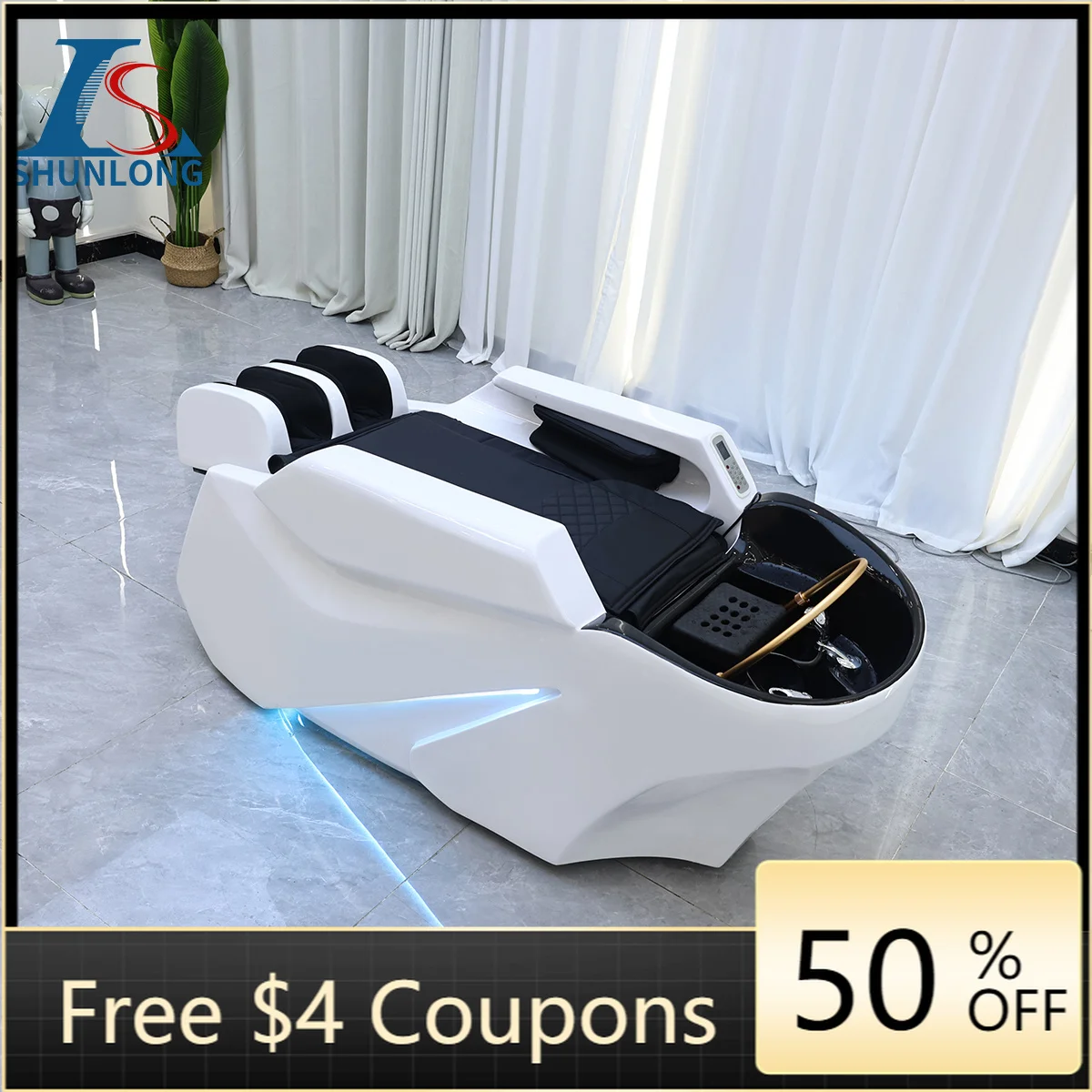 White Thai Shampoo Bed with LED Ambient Light, Reclining Head Spa Hair Washing Chair for Beauty Salon Barber Shop Scalp Care