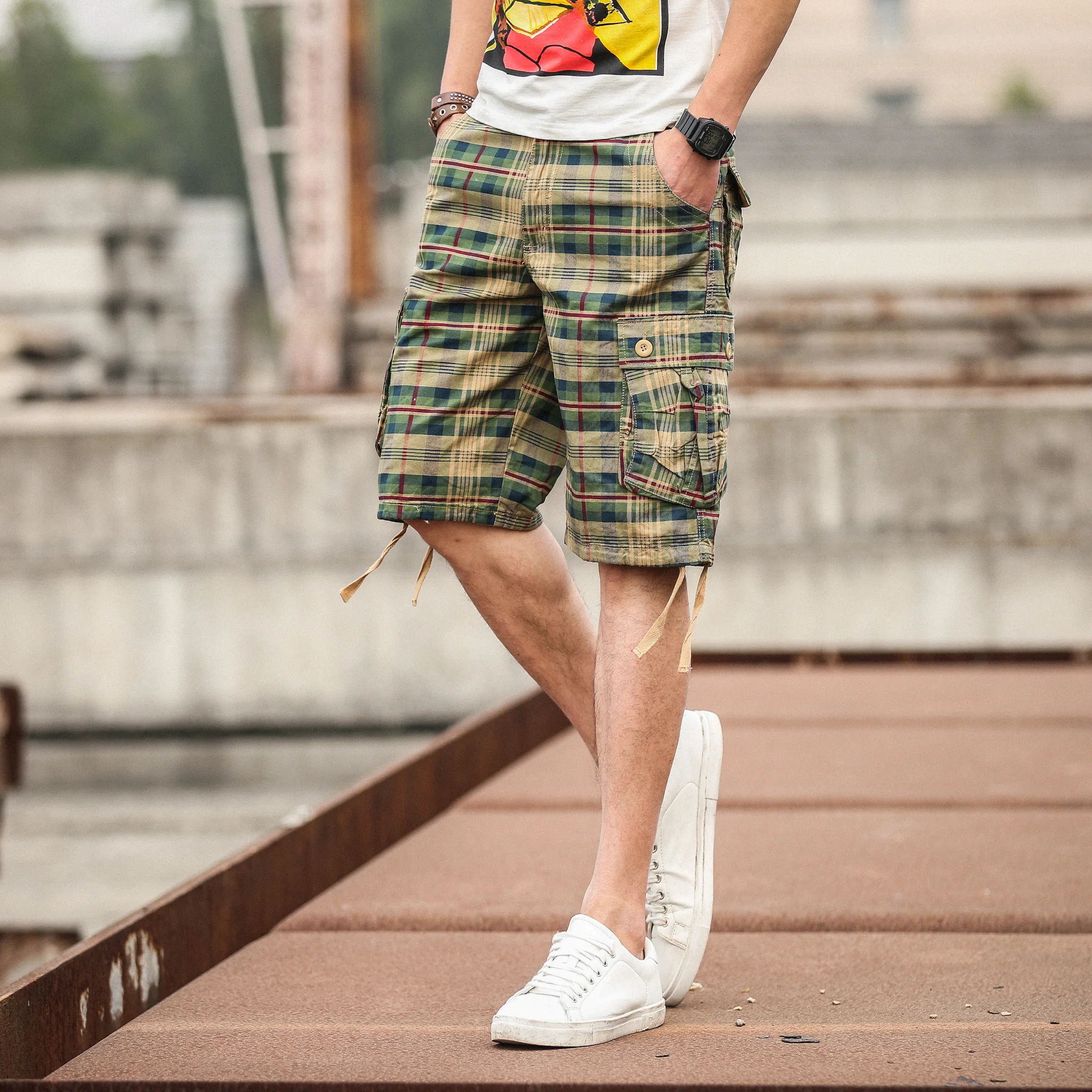 Men's Medium Pants Summer Cotton Comfortable Outdoor Sports Beach Pants Trend Plaid Shorts Loose Straight Large Size Cargo Pants