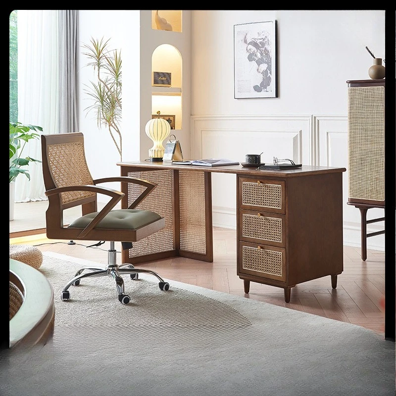 

Nordic home solid wood desk living room bedroom student study table multifunctional Japanese computer table rattan desk
