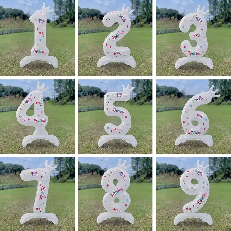 1 Stück 32 Zoll weißer Nummer stehender Aluminiumfolienballon bedruckt „Happy Birthday“ mit Krone für Geburtstagsparty-Jubiläum – Detail 7