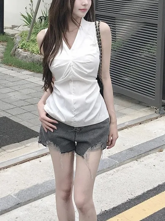 

Korean Sle Women's Summer Outerwear Crop Top Lace irt Slimming Waistline Svel Vest Exposing Belly Button Chiffon