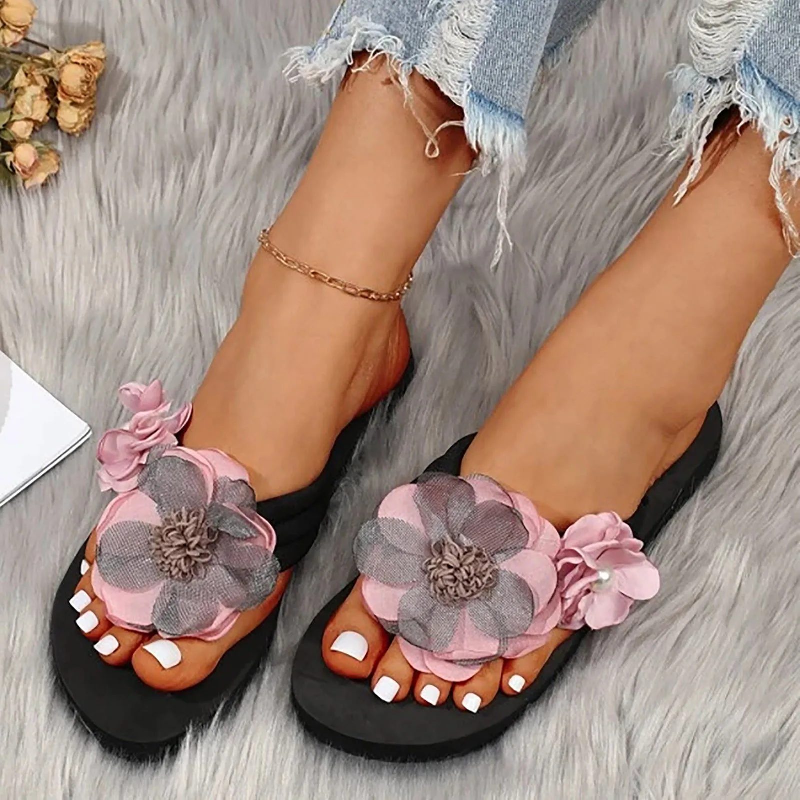 Slippers For Women Ladies Summer Flip Flops Open Toe Flowers Bohemian Sandals Casual Beach Shoes Outwear 2024 шлепки женские