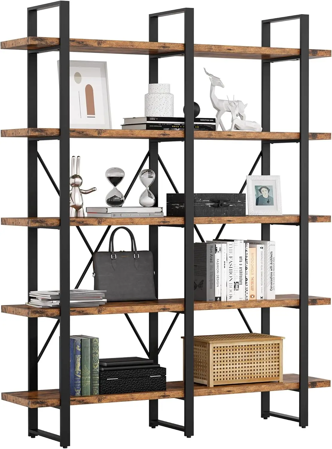 

Industrial Bookshelf and Bookcase Double Wide 5 Tier, Large Open Shelves, Wood and Metal Bookshelves for Home Office Furniture