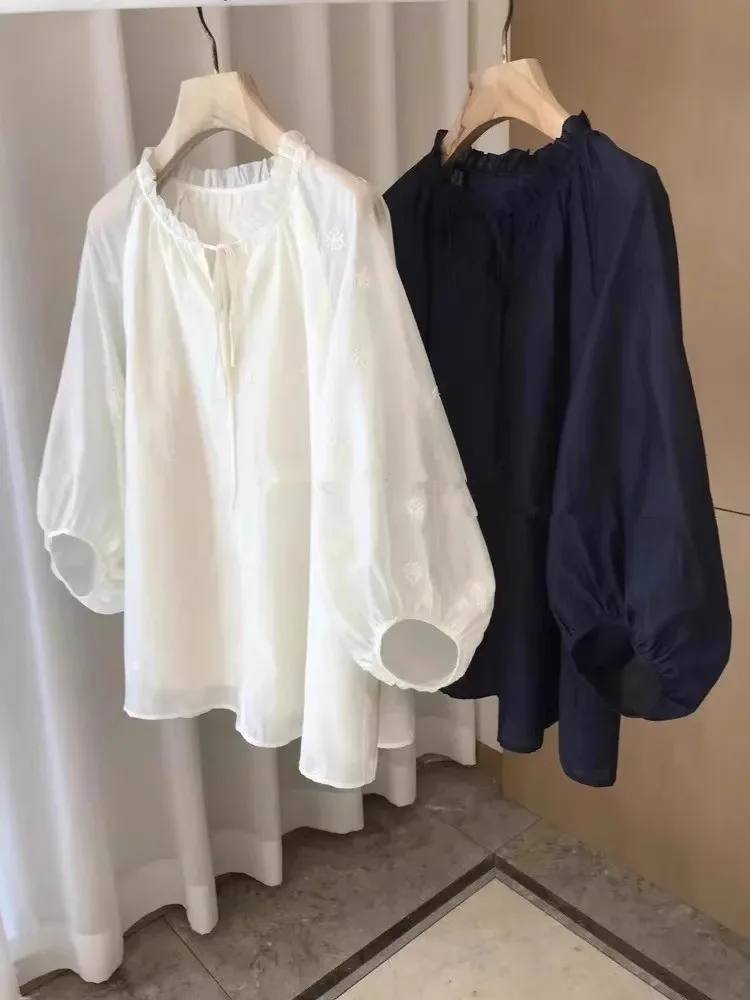 

plus Size Women's round Neck Embroidered Shirt Summer Loose Lantern Sleeve Casual Fashion Korean Style Polyester Fiber Long S...
