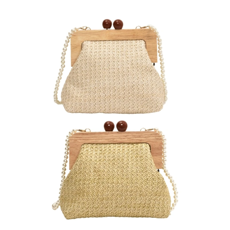 Elegant Woven Straw Shoulder Bag Kiss Lock Crossbody Bag Beach Holiday Purse with Detachable Pearl Chain for Womens