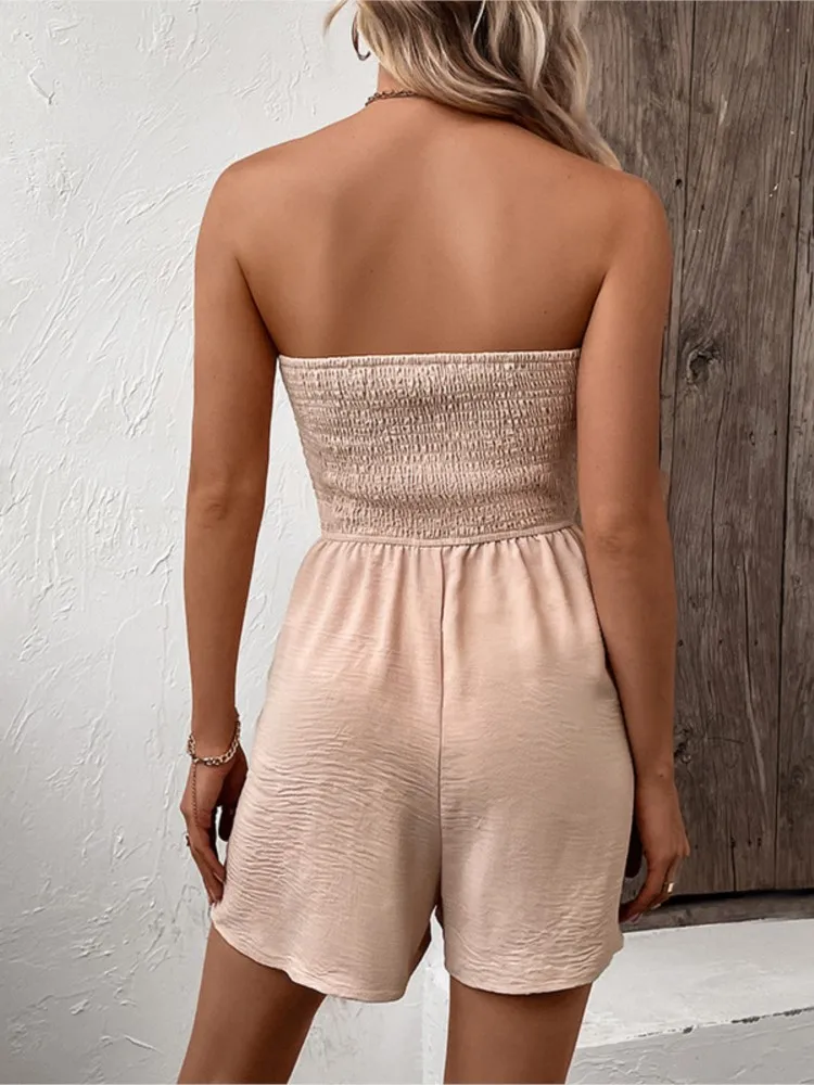 Dames Jumpsuit Zomer 2024 Tube Top Ruche Knoop Kanten Wijde Pijpen Shorts Vakantie Pak Modieuze Dameskleding