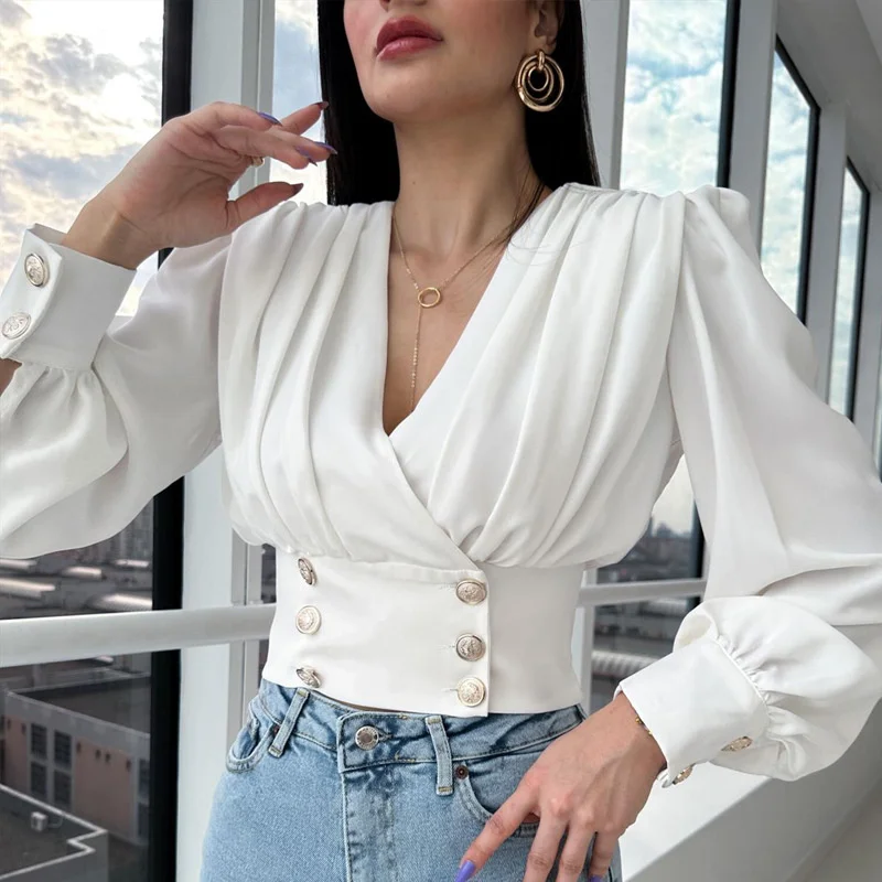 

2023 Fashion Spring Summer Women Long-Sleeve Double-breasted Sexy V-neck Shirt Tops Cosy Blouses Female Slim Shirts Short Coat