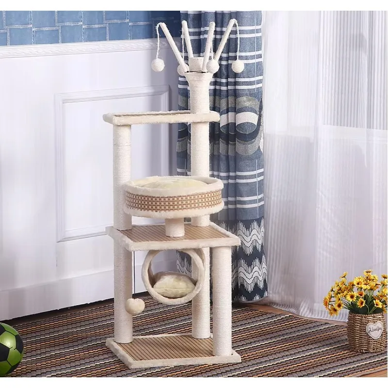 

Plush Wooden Cat Furniture Pet Condo Tower Cat Scratcher Tree House Tower