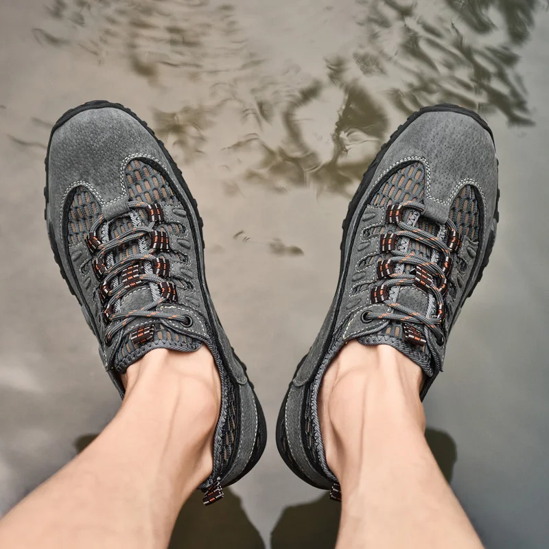 Novo Verão Couro Genuíno Tênis Confortável Malha Respirável Homens Sapatos Casuais Ao Ar Livre Vadear Sapatos Não-slip Feminino Zapatos