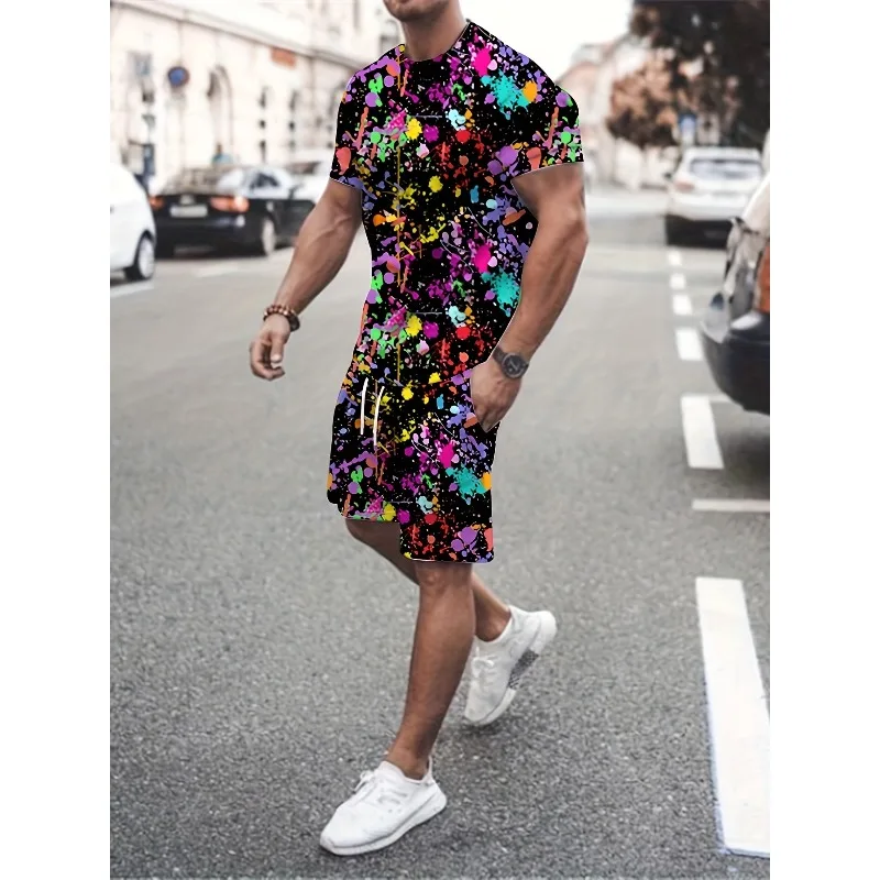 2025 New Summer Fashion 3D Digital Geometric Line Painted Print Men's Shorts Short Sleeved Set Round Neck T-shirt Two-piece Set
