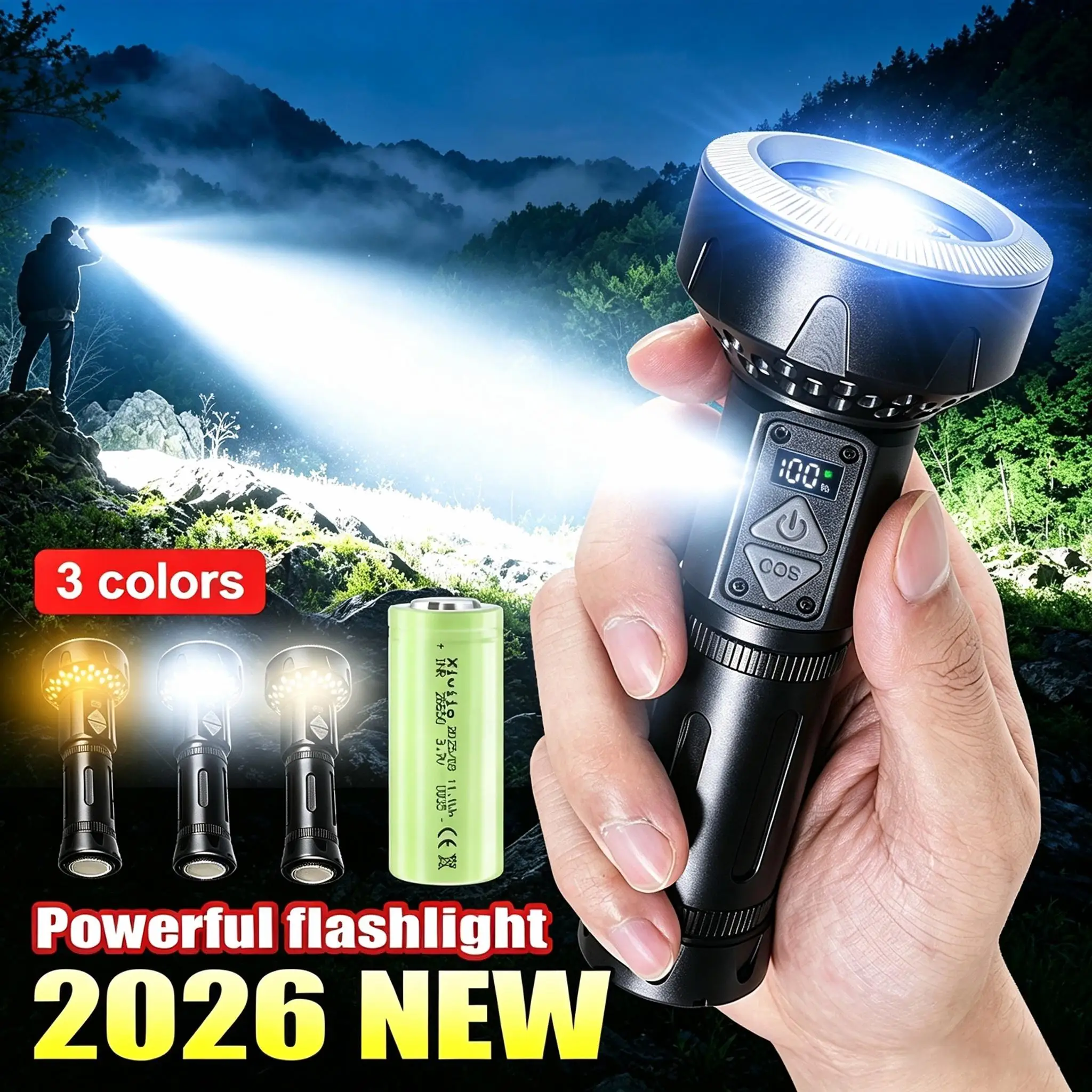 High Power LED Flashlight Portable Zoom Torch Type-C Rechargeable Waterproof Light with COB Side Lamp for Outdoor Camping Hiking