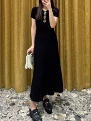 Women's Black Knit Dress Metal Decoration Hollow Out O-Neck Short Sleeve Slim Spring 2024 Midi Robe