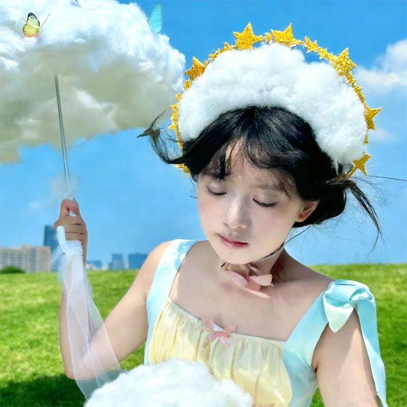 

Пасхальная повязка на голову с пышными облаками и звездами для женщин и девочек, обруч для волос с блестящими серебряными звездами, аксессуары для волос для косплея, вечеринок и фотосессий