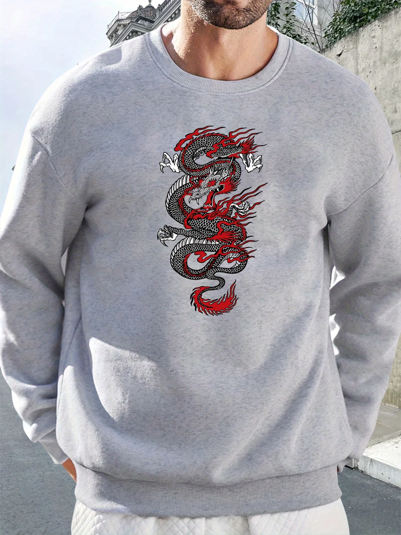 قميص رجالي مطبوع متعدد الاستخدامات برقبة دائرية، مريح بأكمام طويلة للربيع والخريف والشتاء