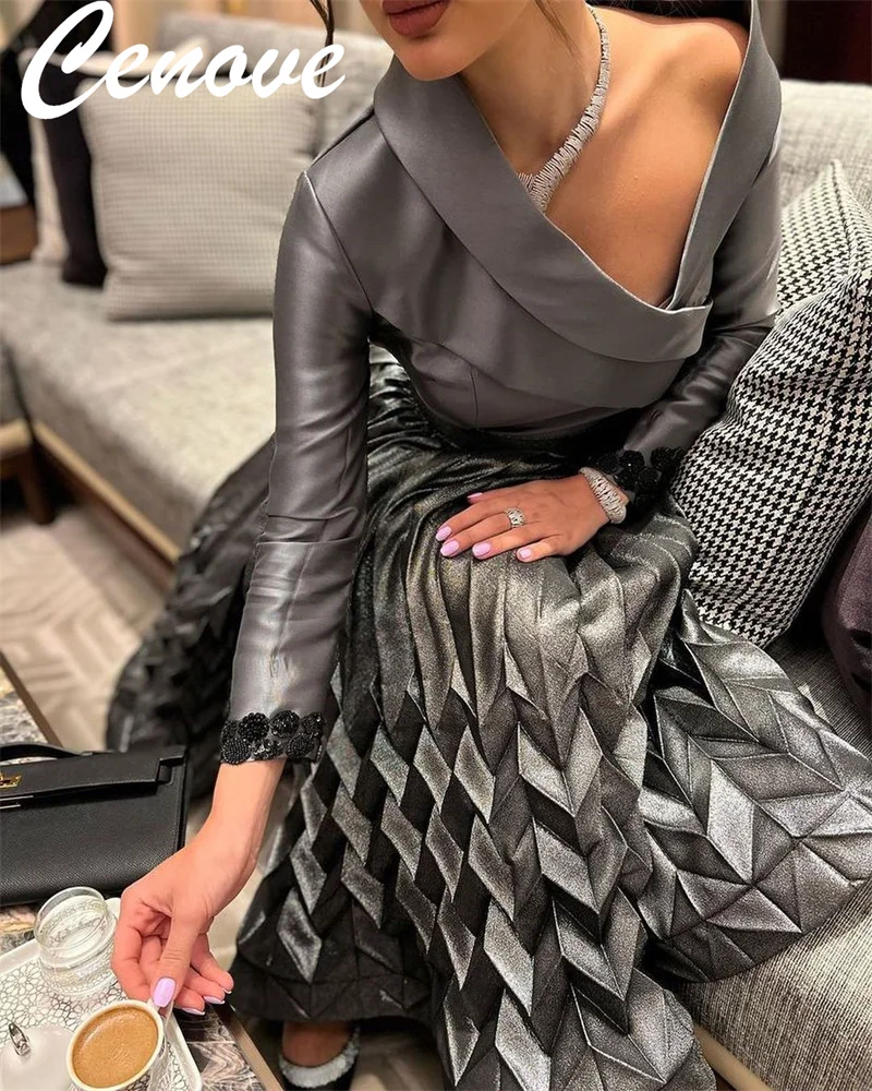 Cenove Popular A-Line V Neckline Long Sleeves Prom Dress Ankle Length Evening Gowns Summer Party Dress For Women