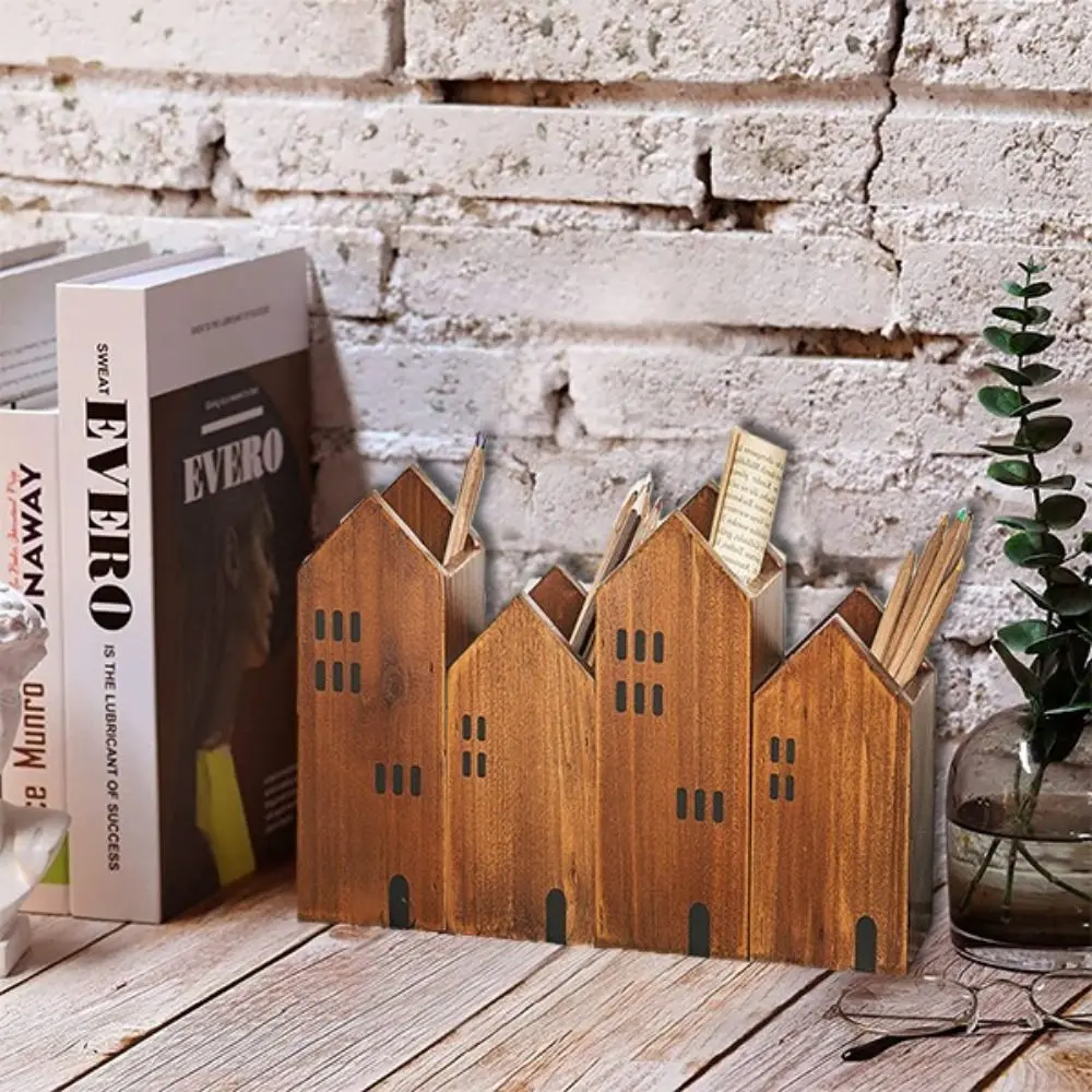2PCS/Set Cute Wood Pen Holder House-Shape Stationery Storage Box Makeup Brush Organizer Desktop Ornament School Office