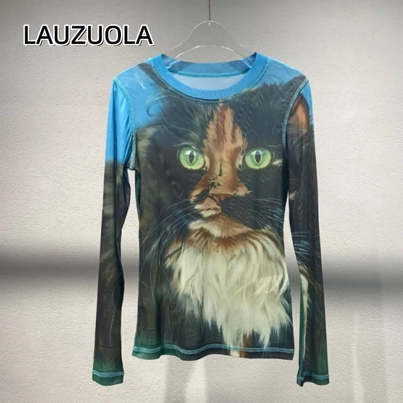 See Through Cat Print Mesh Sheet Long Sleeve T-Shirt 2026 New Autumn Fashion Elegant Casual Shirt Tops Tees