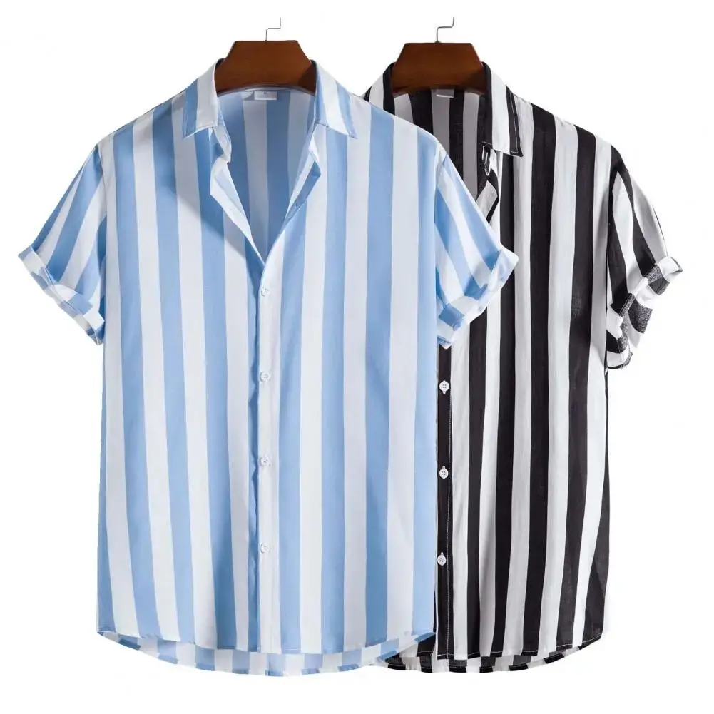 Summer Men's Striped Hawaii Shirt Short Sleeve Buttons Cleanfit  Neck PU Leather Thickened Fleece Inner Four Seasons Univ...